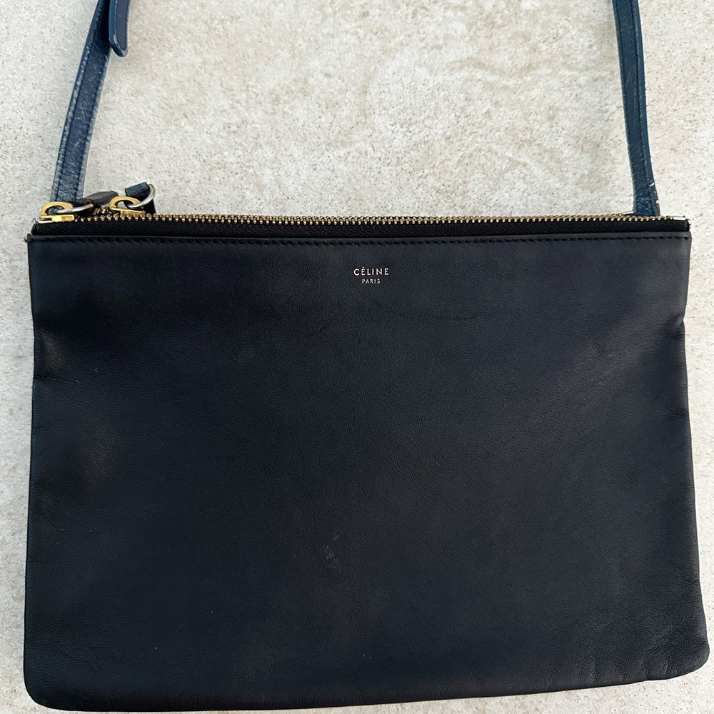 AUTHENTIC Celine Large Trio Black Navy Blue Leather Shoulder Bag